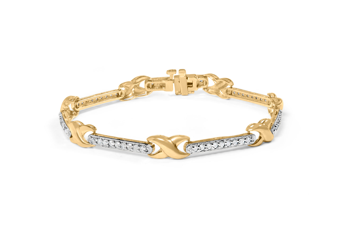 10K Yellow Gold 1.00 Cttw Pave Set Diamond Bar and  X-Link 7" Bracelet (I-J Color, I3 Quality)