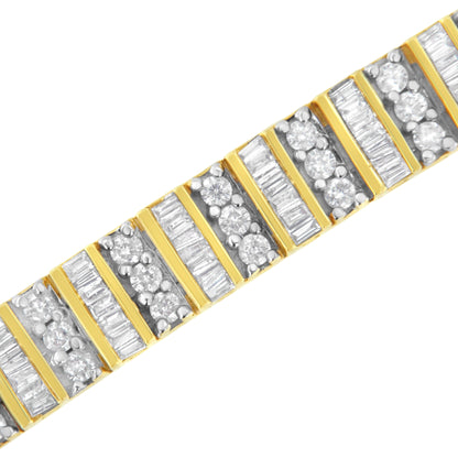 14K Yellow Gold 5.50 Cttw Round and Baguette Diamond Link Bracelet