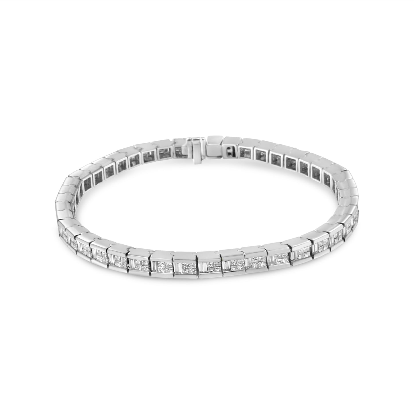 14K White Gold 4 3/8 Cttw Alternating Invisible Set Princess and Baguette Diamond Tennis Bracelet (G-H Color, VS1-VS2 Clarity) - Size 7"