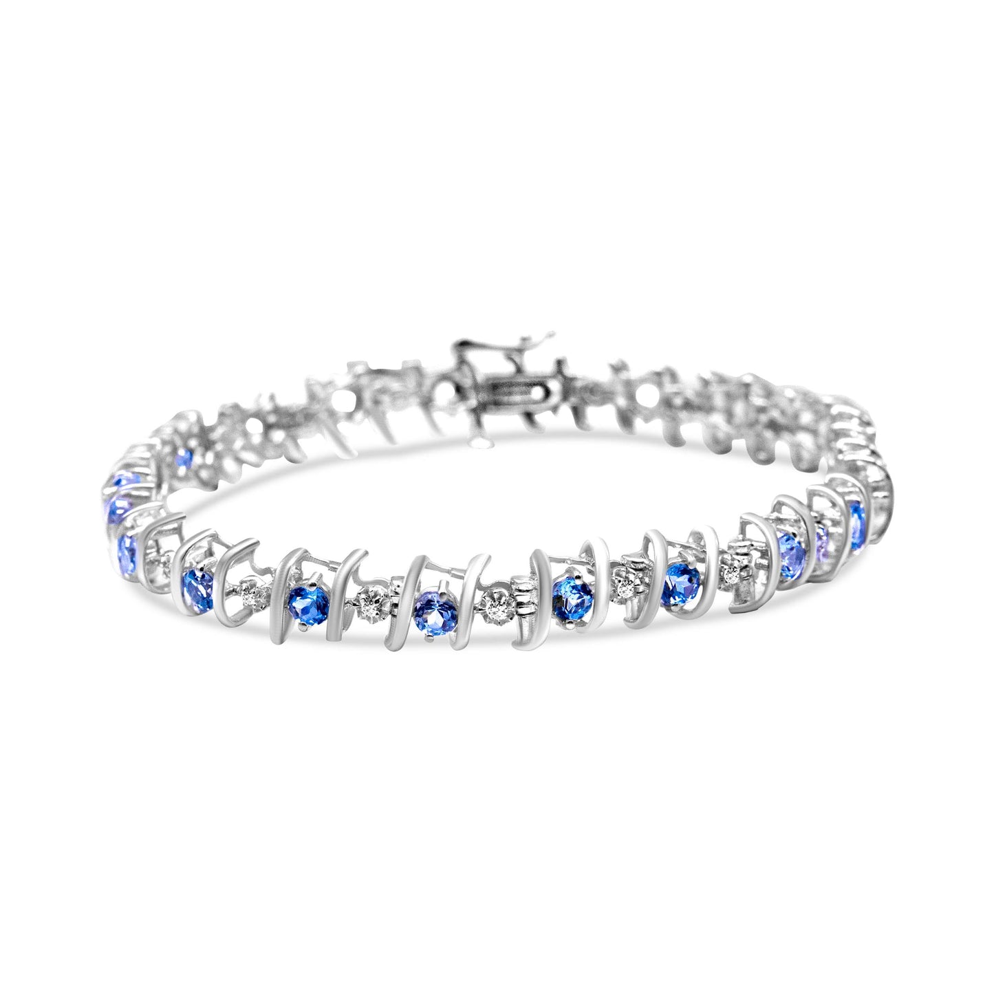 .925 Sterling Silver, Lab-Grown Gemstone and 4 Cttw Round Diamond Tennis Bracelet (H-I Color, I1-I2 Clarity) - Created Blue Sapphire, September Birthstone