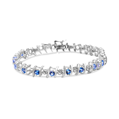 .925 Sterling Silver, Lab-Grown Gemstone and 4 Cttw Round Diamond Tennis Bracelet (H-I Color, I1-I2 Clarity) - Created Blue Sapphire, September Birthstone