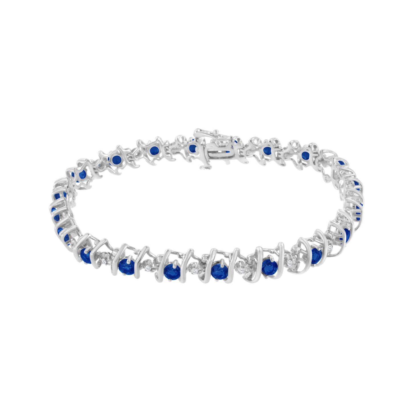 .925 Sterling Silver, Lab-Grown Gemstone and 4 Cttw Round Diamond Tennis Bracelet (H-I Color, I1-I2 Clarity) - Created Blue Sapphire, September Birthstone
