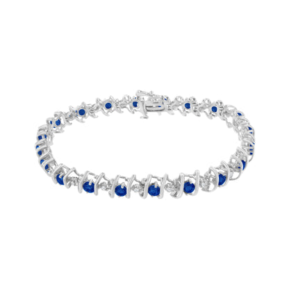.925 Sterling Silver, Lab-Grown Gemstone and 4 Cttw Round Diamond Tennis Bracelet (H-I Color, I1-I2 Clarity) - Created Blue Sapphire, September Birthstone