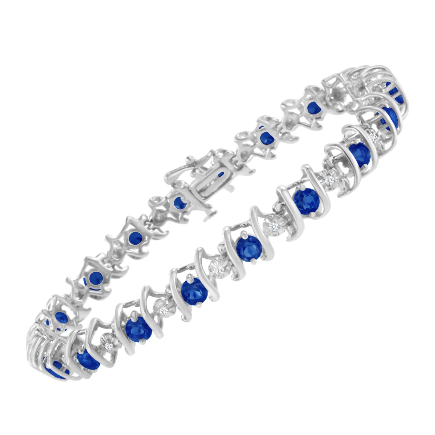 .925 Sterling Silver, Lab-Grown Gemstone and 4 Cttw Round Diamond Tennis Bracelet (H-I Color, I1-I2 Clarity) - Created Blue Sapphire, September Birthstone