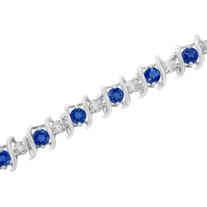 .925 Sterling Silver, Lab-Grown Gemstone and 4 Cttw Round Diamond Tennis Bracelet (H-I Color, I1-I2 Clarity) - Created Blue Sapphire, September Birthstone