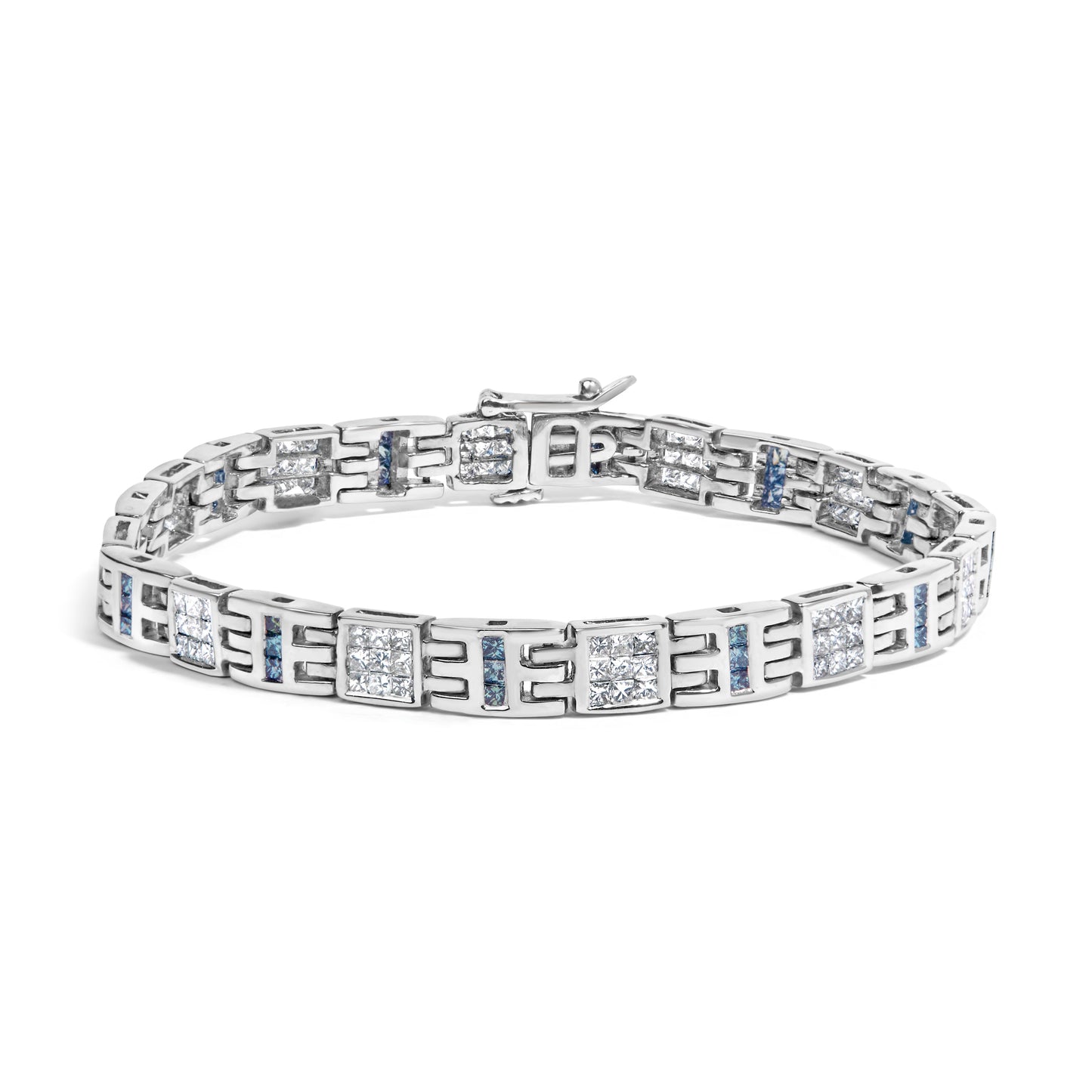 14K White Gold Princess-Cut white and Blue Diamond 3.00 cttw Fashion Link Bracelet (H-I Color, SI1-SI2 Clarity)