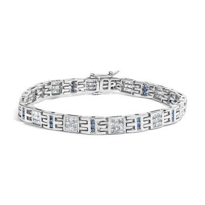 14K White Gold Princess-Cut white and Blue Diamond 3.00 cttw Fashion Link Bracelet (H-I Color, SI1-SI2 Clarity)