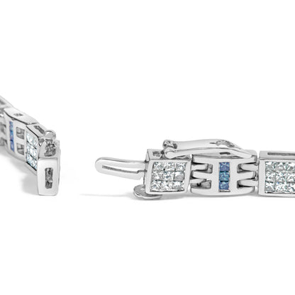 14K White Gold Princess-Cut white and Blue Diamond 3.00 cttw Fashion Link Bracelet (H-I Color, SI1-SI2 Clarity)