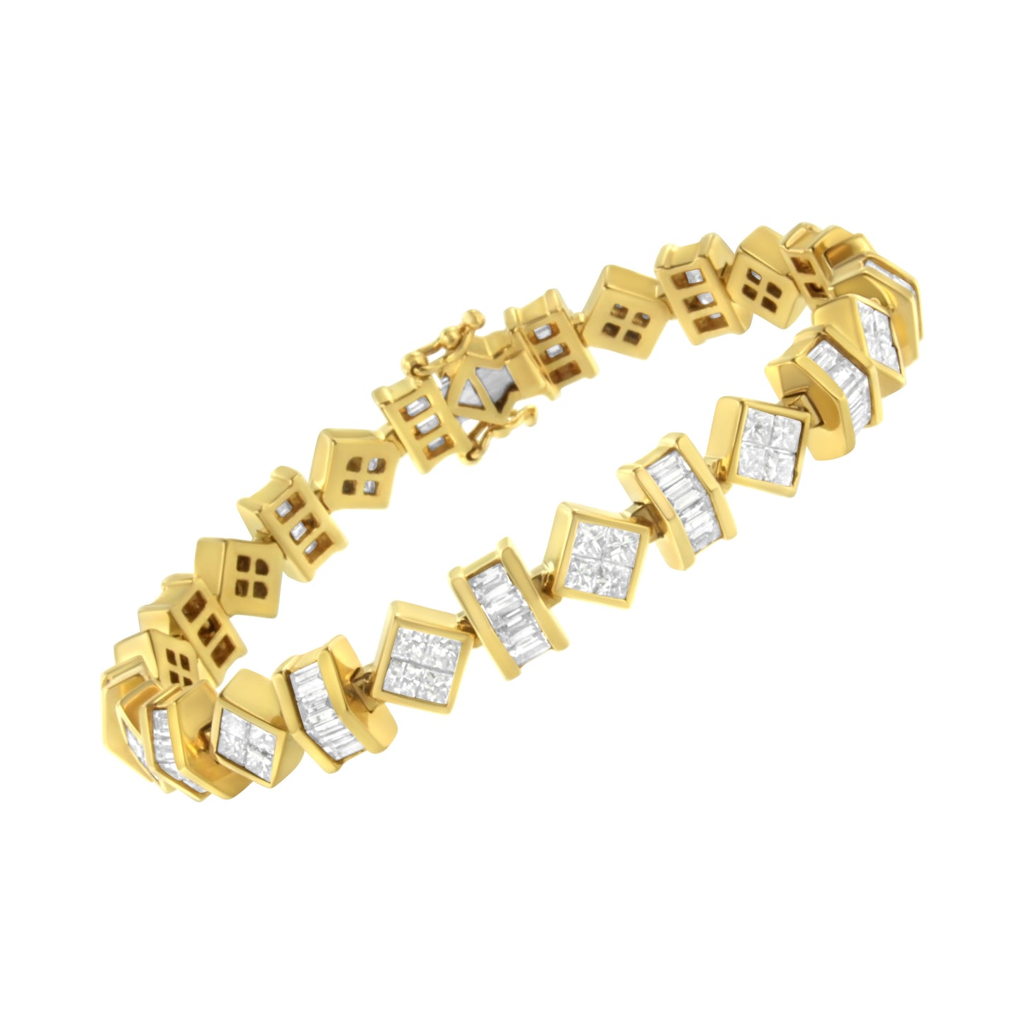 14K Yellow Gold 7.50 Cttw Princess and Baguette Diamond Geometric Link Bracelet