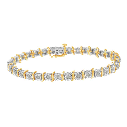 Two-Tone 10K Yellow Gold over .925 Sterling Silver 1.0 Cttw Diamond S-Curve Link Miracle-Set Tennis Bracelet (I-J Color, I3 Clarity) - 7"