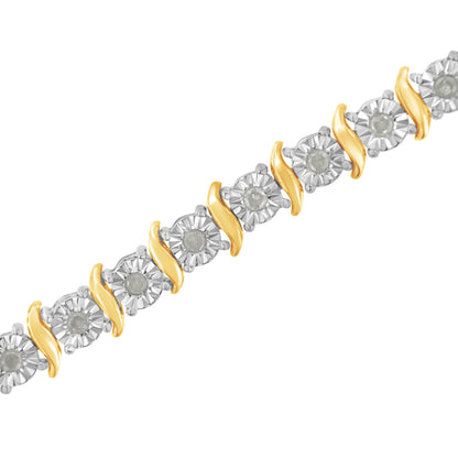 Two-Tone 10K Yellow Gold over .925 Sterling Silver 1.0 Cttw Diamond S-Curve Link Miracle-Set Tennis Bracelet (I-J Color, I3 Clarity) - 7"