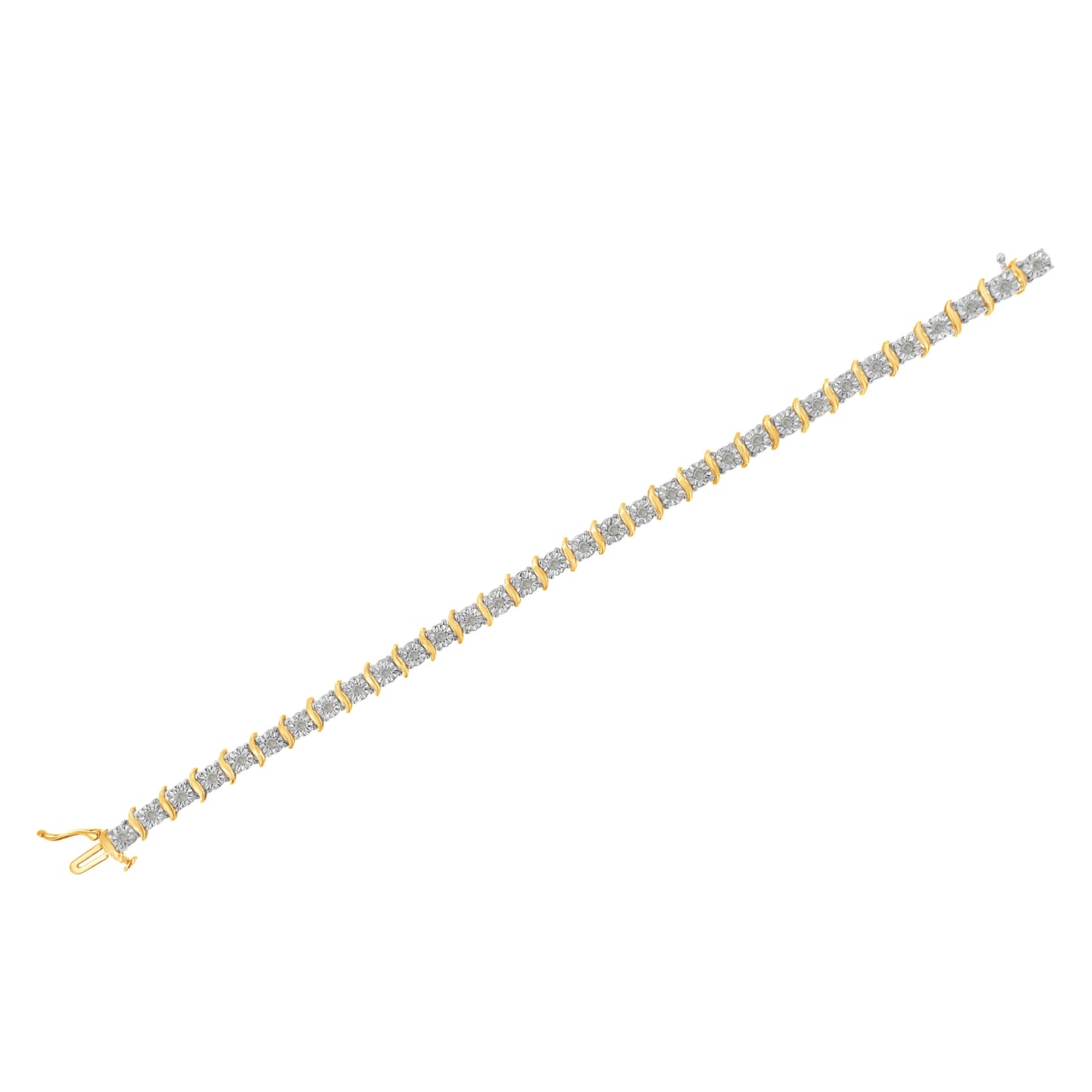 Two-Tone 10K Yellow Gold over .925 Sterling Silver 1.0 Cttw Diamond S-Curve Link Miracle-Set Tennis Bracelet (I-J Color, I3 Clarity) - 7"