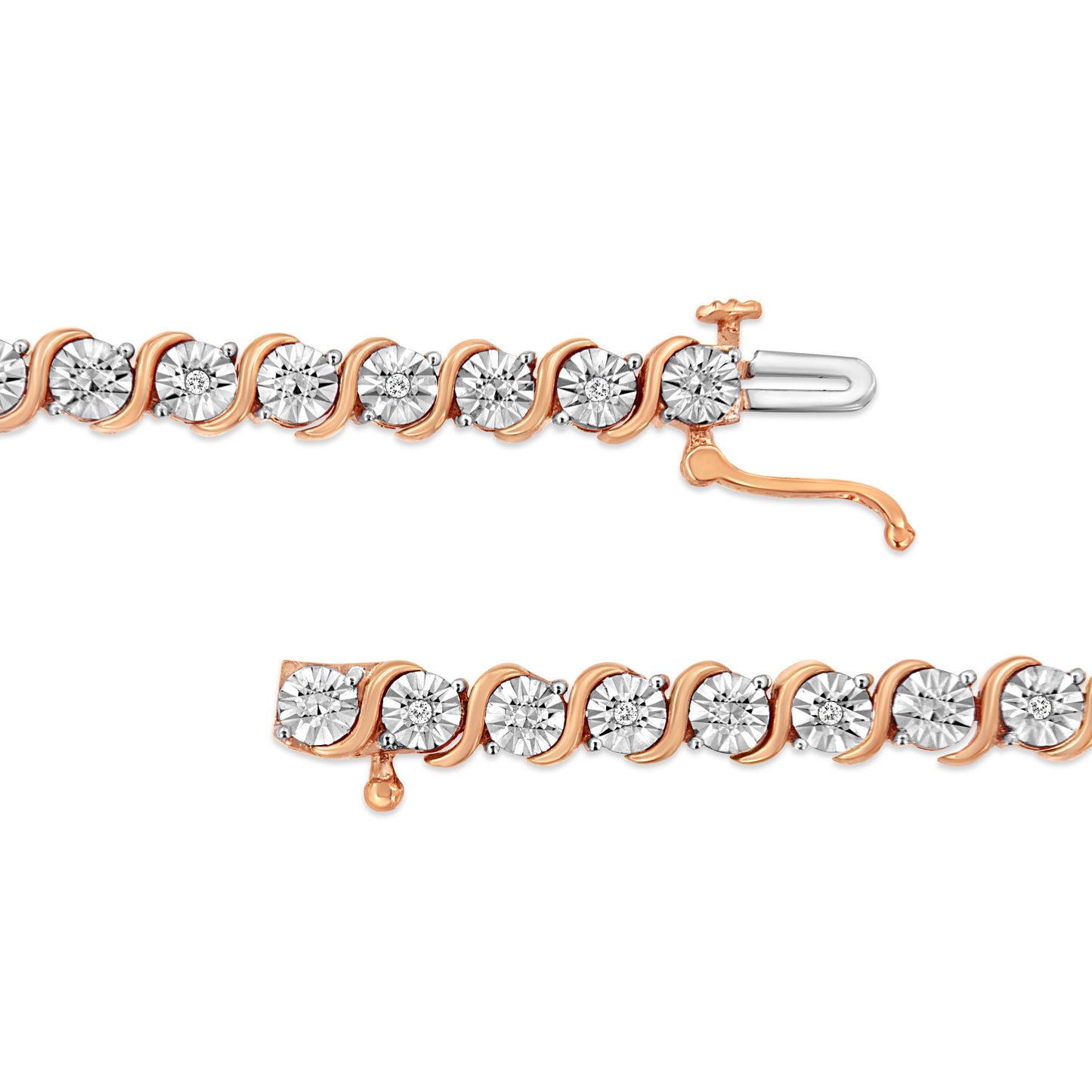 14K Rose Gold Plated .925 Sterling Silver 1/10 Cttw Diamond Round Miracle Plate and "S" Link Tennis Bracelet (I-J Color, I2- I3 Clarity) - 7"
