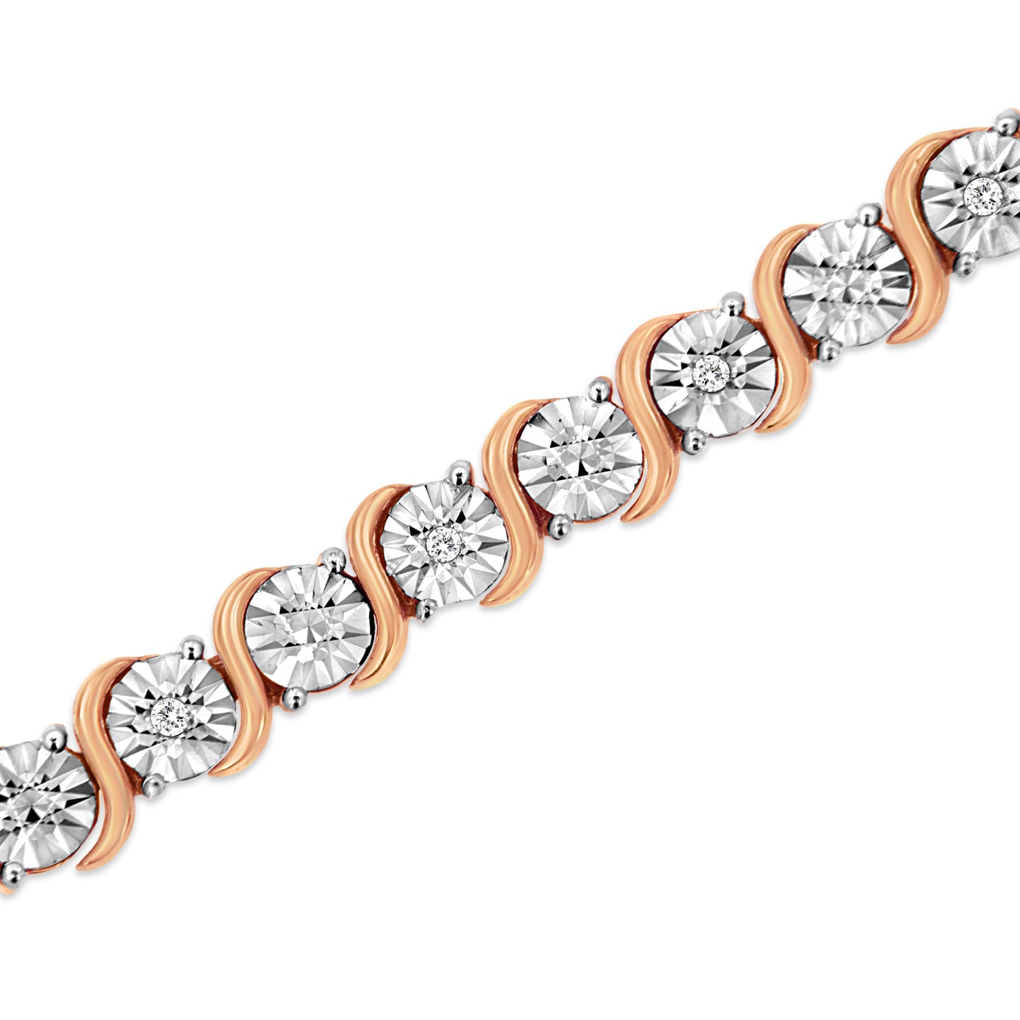14K Rose Gold Plated .925 Sterling Silver 1/10 Cttw Diamond Round Miracle Plate and "S" Link Tennis Bracelet (I-J Color, I2- I3 Clarity) - 7"