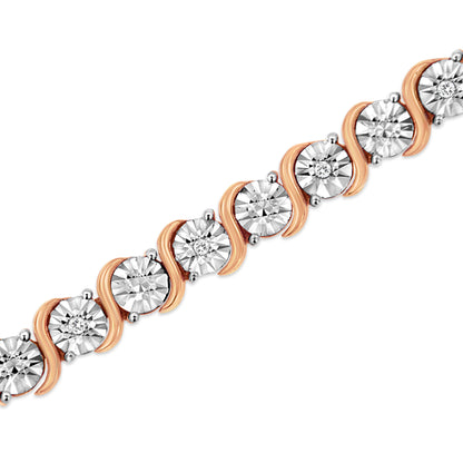 14K Rose Gold Plated .925 Sterling Silver 1/10 Cttw Diamond Round Miracle Plate and "S" Link Tennis Bracelet (I-J Color, I2- I3 Clarity) - 7"