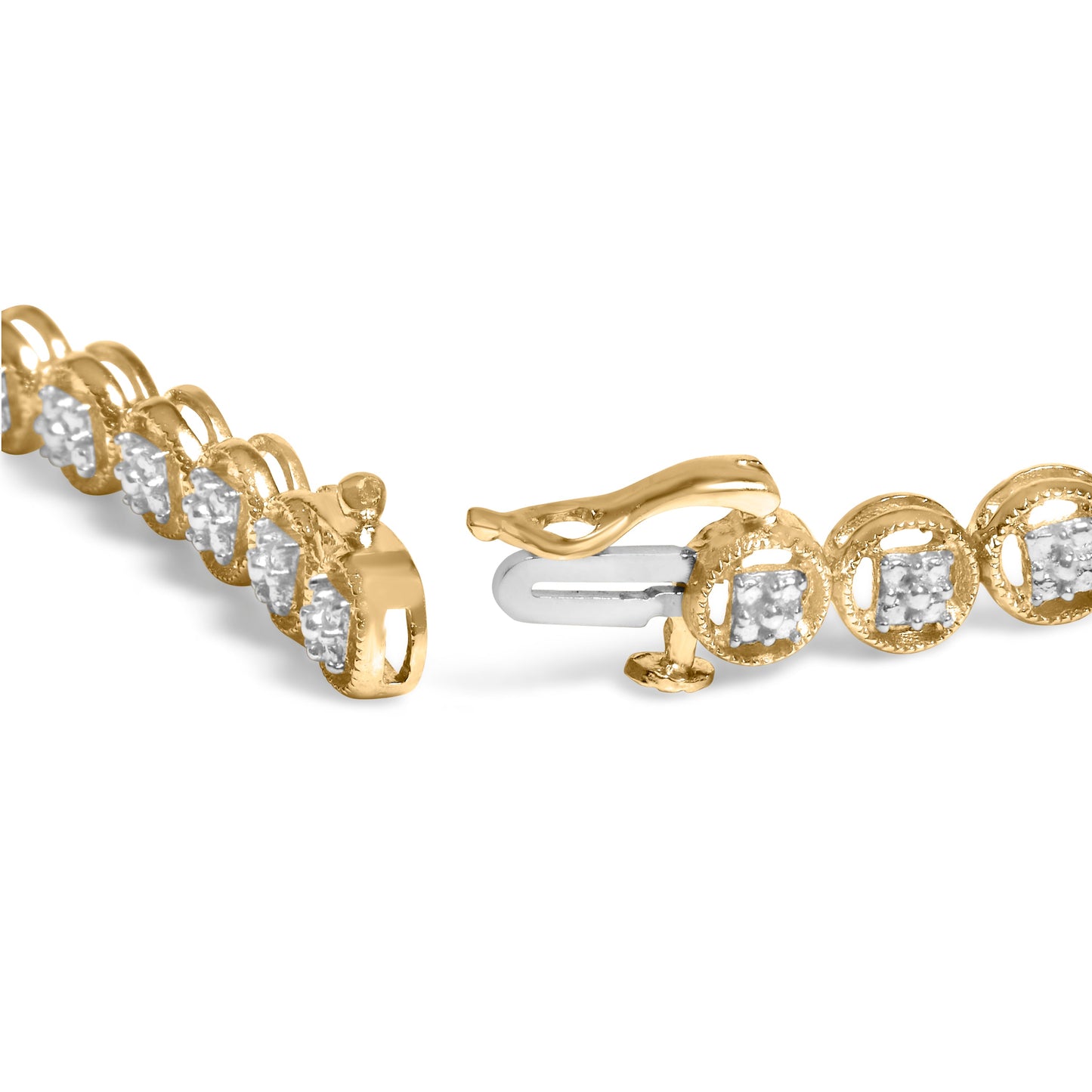 14K Yellow Gold Plated .925 Sterling Silver 1/10 Cttw Diamond Open Circle Beaded Wheel Link Tennis Bracelet (I-J Color, I3 Clarity) - 7.25"