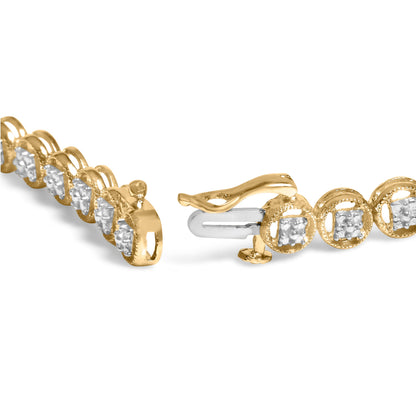 14K Yellow Gold Plated .925 Sterling Silver 1/10 Cttw Diamond Open Circle Beaded Wheel Link Tennis Bracelet (I-J Color, I3 Clarity) - 7.25"