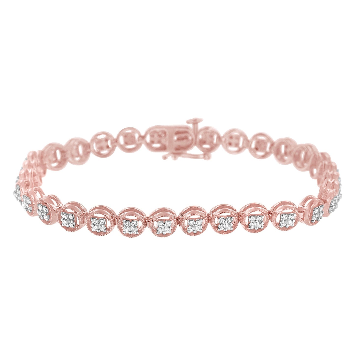 14K Rose Gold Over .925 Sterling Silver 1/4 Cttw Diamond 7" Open Circle Wheel Link Tennis Bracelet (I-J Color, I2-I3 Clarity)