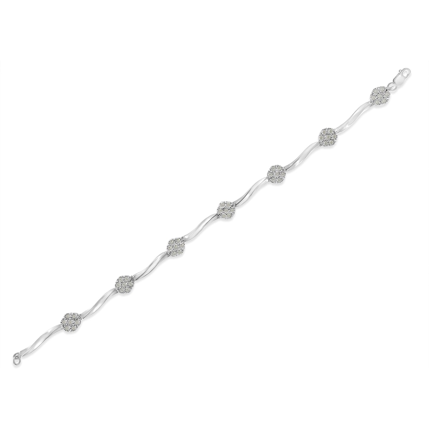 .925 Sterling Silver 1.0 cttw Miracle-Set Diamond 7 Stone Floral Cluster Link Bracelet (I-J Color, I3 Clarity) -7"