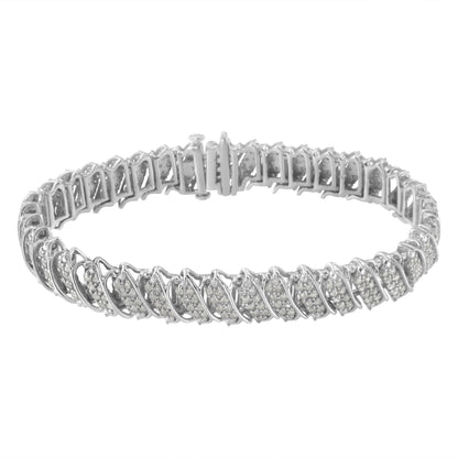 .925 Sterling Silver 3.0 Cttw Diamond Multi Row Cluster Slanted Wave Link 7-Â¼â€ Tennis Bracelet (I-J Color, I2-I3 Clarity)