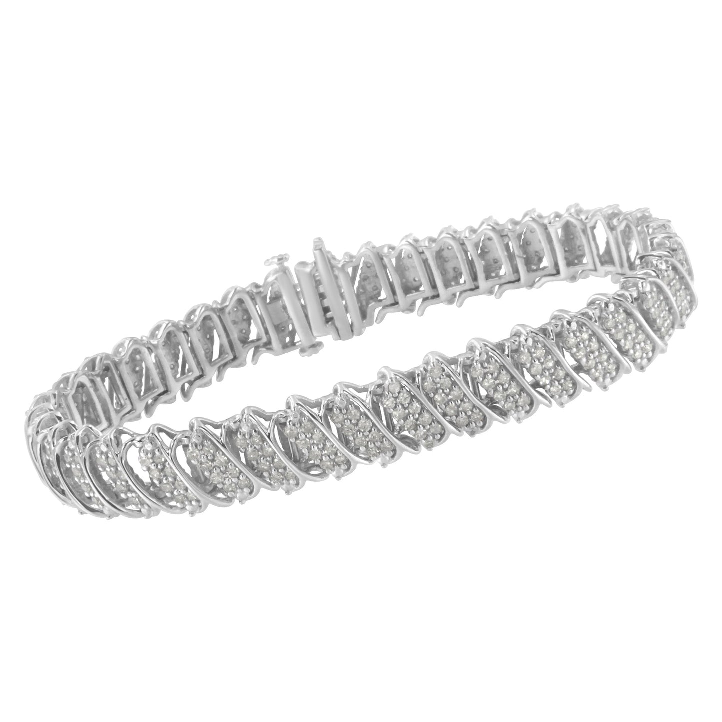 .925 Sterling Silver 3.0 Cttw Diamond Multi Row Cluster Slanted Wave Link 7-Â¼â€ Tennis Bracelet (I-J Color, I2-I3 Clarity)