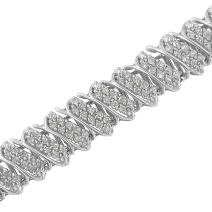 .925 Sterling Silver 3.0 Cttw Diamond Multi Row Cluster Slanted Wave Link 7-Â¼â€ Tennis Bracelet (I-J Color, I2-I3 Clarity)