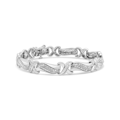 .925 Sterling Silver 1 3/4 Cttw Diamond Wave and X Link Tennis Bracelet (I-J Color, I3 Clarity) - 7"