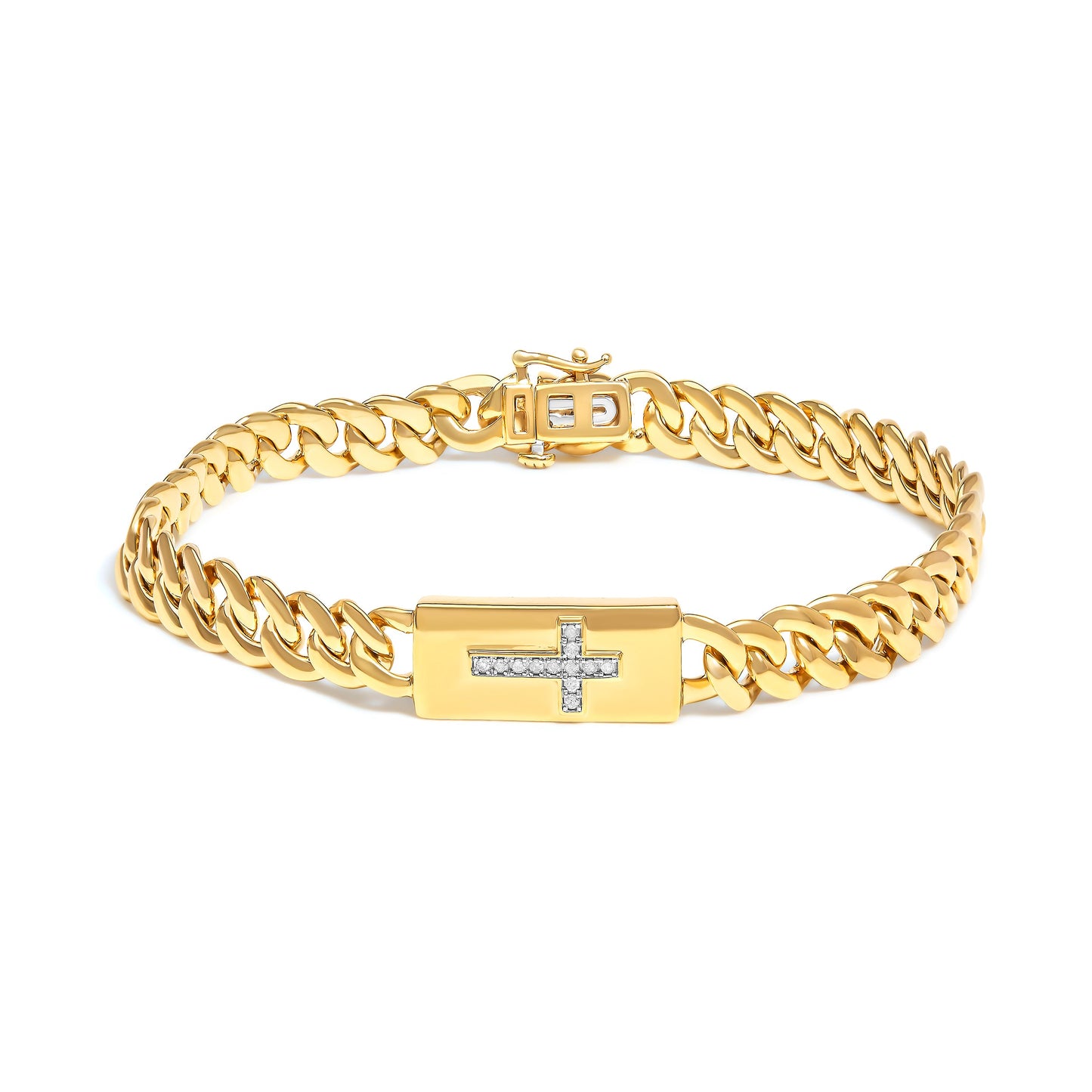 14K Yellow Gold Plated .925 Sterling Silver Diamond Accent Inlaid Cross Cuban Link Bracelet (I-J Color, I3 Clarity)-  7.25"