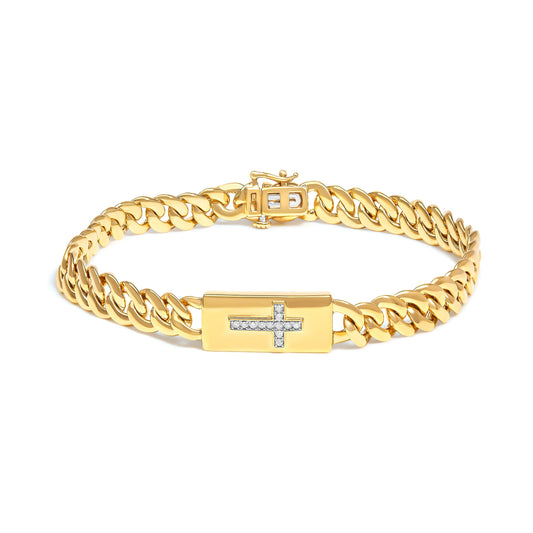Bracelet Gourmette Croisée avec Accent Diamant en Argent Sterling .925 Plaqué Or Jaune 14K (Couleur I-J, Clarté I3) - 7.25"