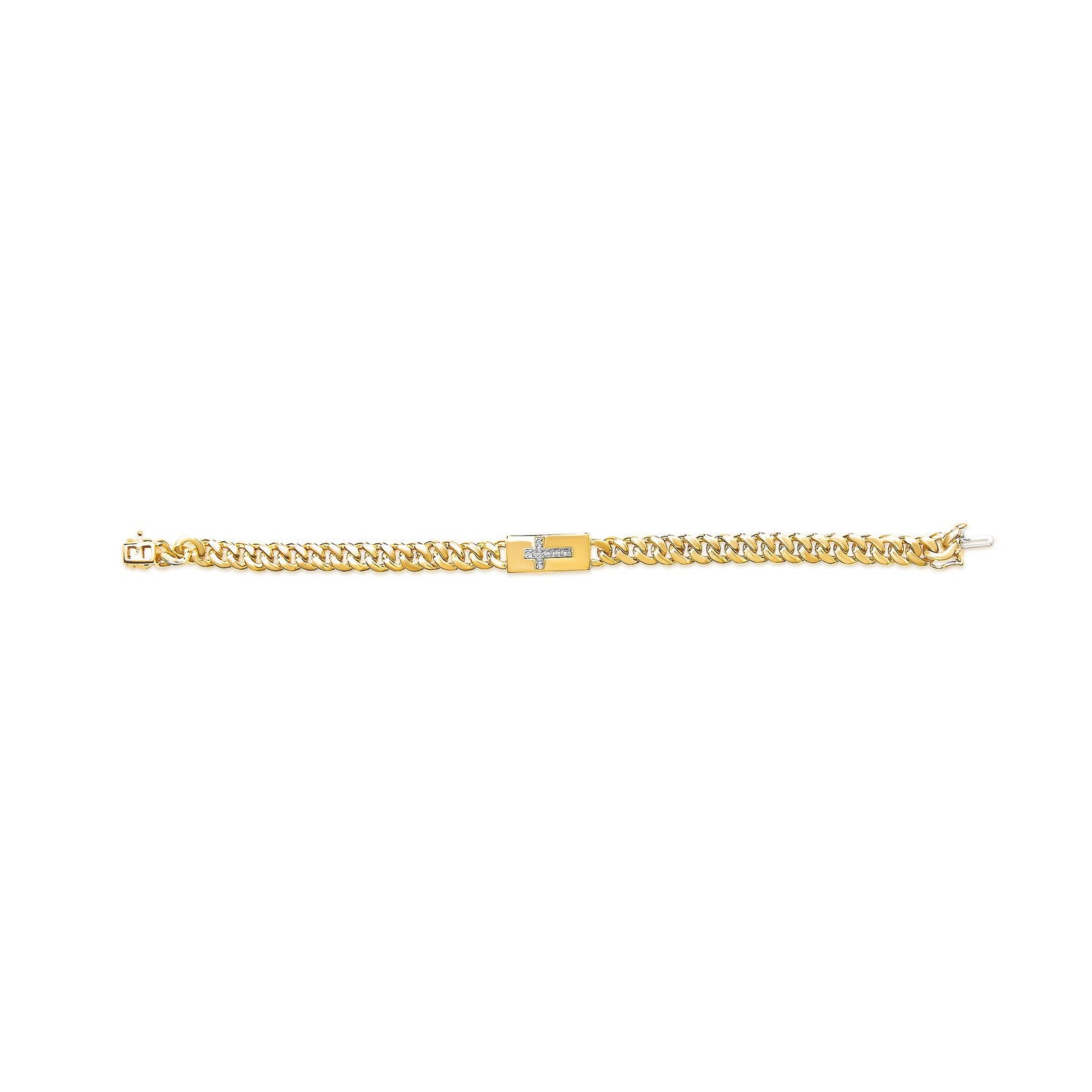 14K Yellow Gold Plated .925 Sterling Silver Diamond Accent Inlaid Cross Cuban Link Bracelet (I-J Color, I3 Clarity)-  7.25"