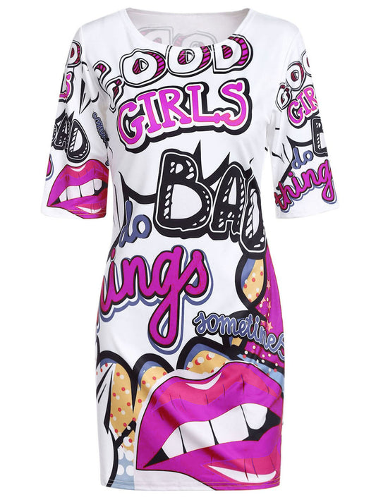 Funny Red Lips Graffiti Print T-Shirt Dress