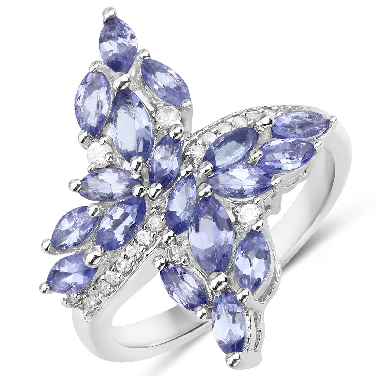 1.73 Carat Genuine Tanzanite and White Zircon .925 Sterling Silver Ring
