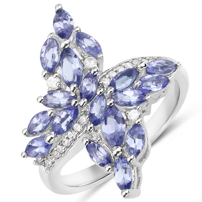 1.73 Carat Genuine Tanzanite and White Zircon .925 Sterling Silver Ring
