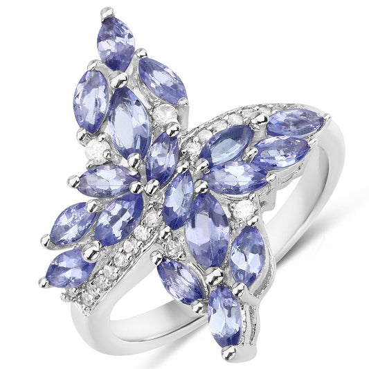 1.73 Carat Genuine Tanzanite and White Zircon .925 Sterling Silver Ring