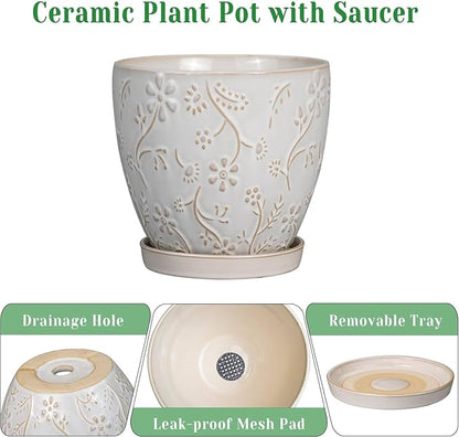 8 Inch Ceramic Pots for Plants Large Planter Pot with Drainage Hole and Saucer Round Flower Pot for Indoor Outdoor Decor, White