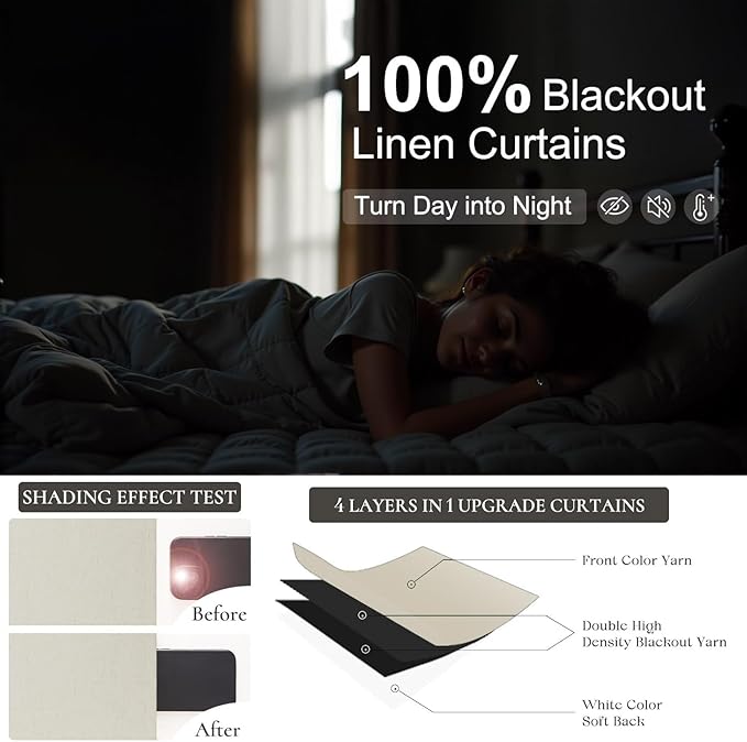Neutral Blackout Nursery Curtains 102 Inches Long for Living Room Divider 2 Panel Weather Blocking Light Lightweight Blackout Curtains for Sliding Doorway Bedroom Darkening Tan Beige Thick Linen Drape