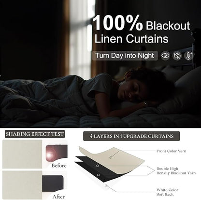 Neutral Blackout Nursery Curtains 102 Inches Long for Living Room Divider 2 Panel Weather Blocking Light Lightweight Blackout Curtains for Sliding Doorway Bedroom Darkening Tan Beige Thick Linen Drape