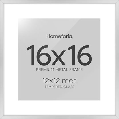 Homeforia 16x16 Silver Picture Frame, High End Metal 16 x 16 Square Frame with Mat 12 x 12 Photo, 16x16 Poster Frames Matted to 12x12 Print, 16 by 16 Hanging Frames, Tempered Glass, Wall Kit, Set of 1