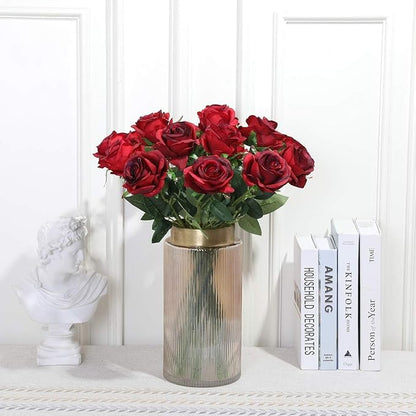 Burgundy Fake Roses Artificial Flowers - 10 Pcs Fake Artificial Roses Silk Flowers with Stems for Home Wedding Hotel Office Centerpiece Decor（Burgundy）