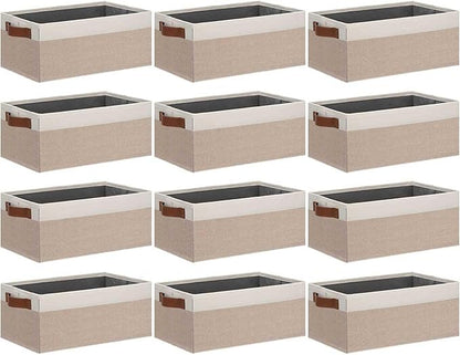 GhvyenntteS Small Fabric Storage Bins 12 Pack, 11.8" x 7.87" x 5.11" Storage Basket with Leather Handles, Closet Storage Bins for Shelves, Storage Baskets for Shelves, DVD Storage (Pink/White)