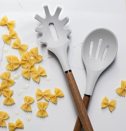 Country Kitchen Non Stick Silicone Utensil Set with Rounded Wood Handles for Cooking and Baking, 8 Piece Set, White