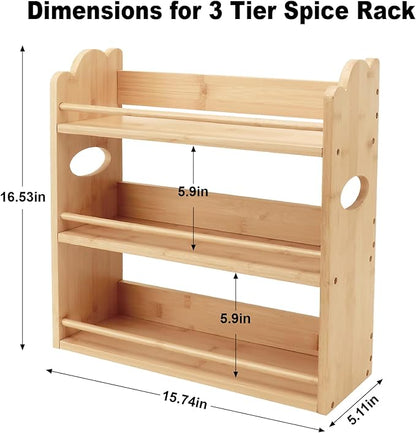 3 Tier Bamboo Spice Rack, Spice Rack Organizer, Seasoning Jars Rack Shelf Spice Organizer for Kitchen Counter or Wall Mounting, Bamboo Spice Storage Holder with handles Easy to Move