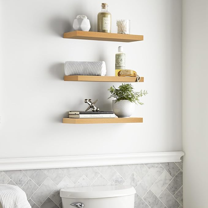 BAYKA Floating Shelves for Wall, Wall Mounted Rustic Wood Shelves for Bathroom, Bedroom, Living Room, Kitchen,Small Hanging Shelf for Books/Storage/Room Decor (Oak-Toned, Set of 3, 15.7in)