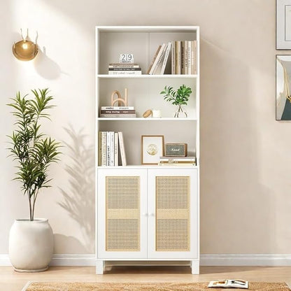 Tall Bookshelf, 5-Tier Book Shelf with 2 Rattan Doors, Freestanding Bookcase Display Shelves with Large Storage, Book Case for Living Room, Office, Study, Bedroom, 70.9 Inch