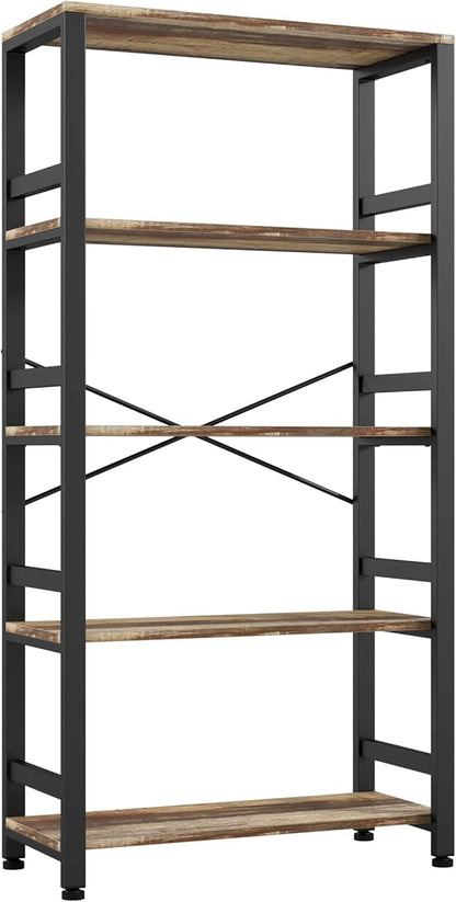 IRONCK Bookshelves and Bookcases, 31.5in Wide Shelf 5-Tier Ladder Shelf 110lbs/shelf Vintage Industrial Style Bookcase for Bedroom Living Room Home, Rustics Brown