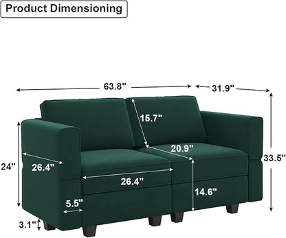 Belffin Modular Loveseat Sofa Couch with Storage Seats Velvet 2 Seater Love Seats for Small Spaces Green