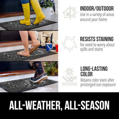 GORILLA GRIP 100% Waterproof All-Season WeatherMax Doormat 35x23, US Designed Natural Rubber, Stain and Fade Resistant, Low Profile Indoor Outdoor Door Mats, Easy Clean Patio Mat, Charcoal Hello