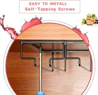 Wine Glass Rack Under Cabinet - Stemware Holder Metal Wine Glass Organizer Glasses Storage Hanger for Bar Kitchen Brown 4 Rows