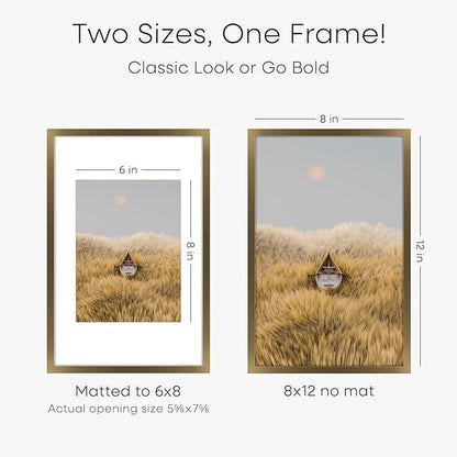 Homeforia 8x12 Picture Frame Bronze, High End Metal 8 x 12 Brass Frames with Mat 6 by 8 for Photo, 12x8 Frame Matted to 6x8 inch Print, 8by12 Wall or Tabletop Frame, Tempered Glass, Wall Kit, Set of 1