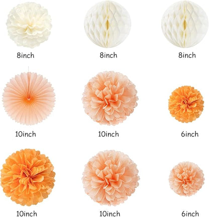 Orange Hippie Birthday Party-Decorations Paper-Flowers - 14pcs Happy Banner Fall Honeycomb Tissue Pom Poms,Boho Streamers Garland Fans,Sweet Peach Groovy Sunset Groovy Hanging Supplies Decor Hugfond